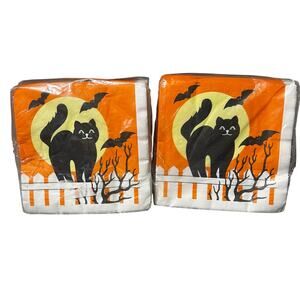Vintage 80s Halloween Party Napkins Black cat on fence with black bats 2 packs